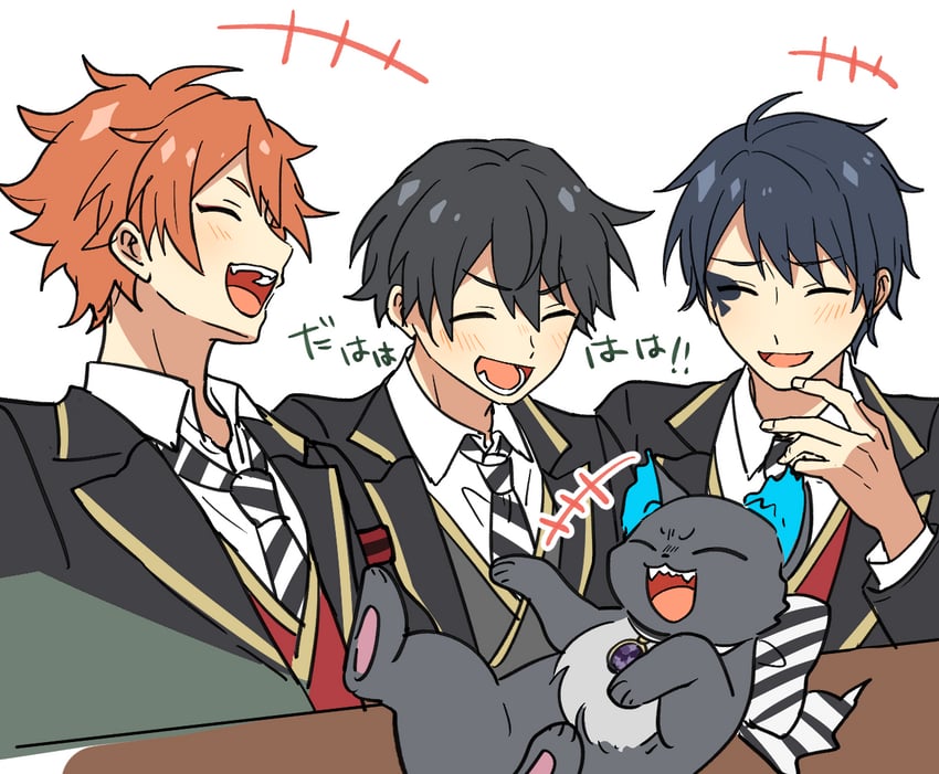 yuu, ace trappola, grim, and deuce spade (twisted wonderland) drawn by mikawa_ayumu