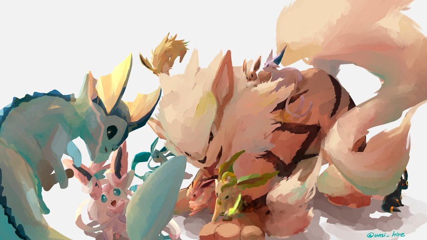 eevee, sylveon, umbreon, glaceon, vaporeon, and 5 more (pokemon) drawn by umi_hire