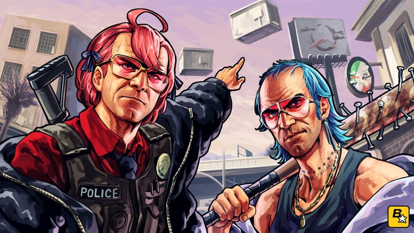 hoshimachi suisei, sakura miko, trevor philips, and michael de santa (hololive and 3 more) drawn by buru-dai