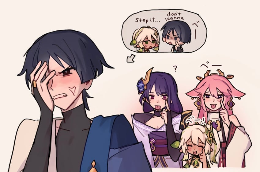 raiden shogun, scaramouche, yae miko, nahida, and wanderer (genshin impact) drawn by nonons