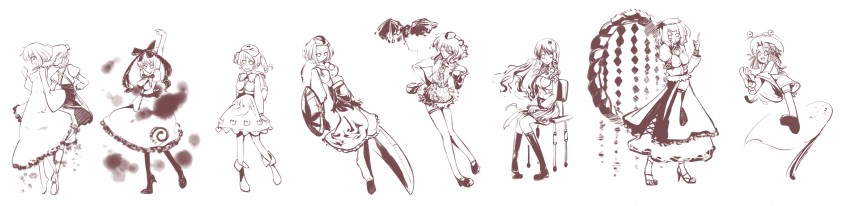kochiya sanae, shameimaru aya, inubashiri momiji, moriya suwako, kawashiro nitori, and 4 more (touhou and 1 more) drawn by nichimatsu_seri