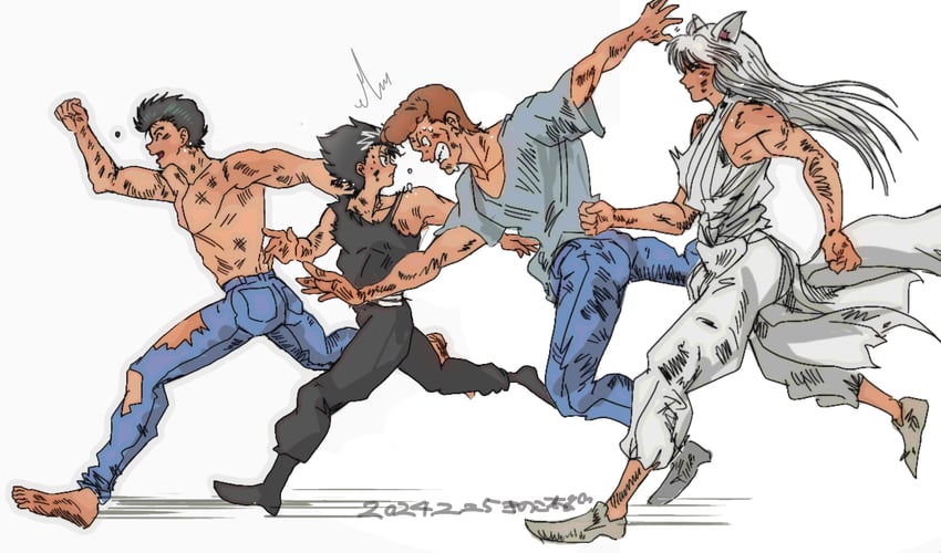 kurama, hiei, urameshi yusuke, and kuwabara kazuma (yu yu hakusho) drawn by hiei4455