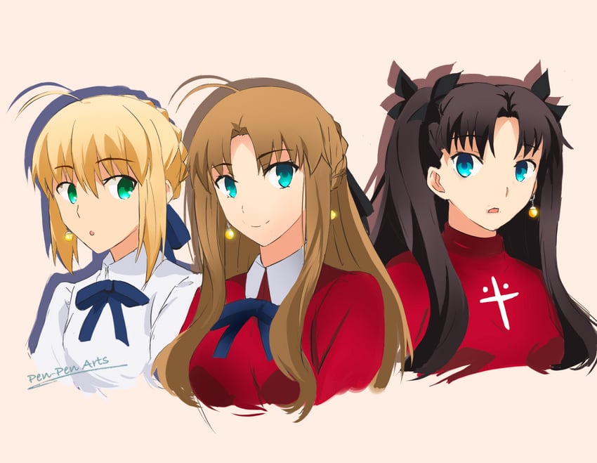 artoria pendragon, saber, and tohsaka rin (fate and 2 more) drawn by pen-pen_arts