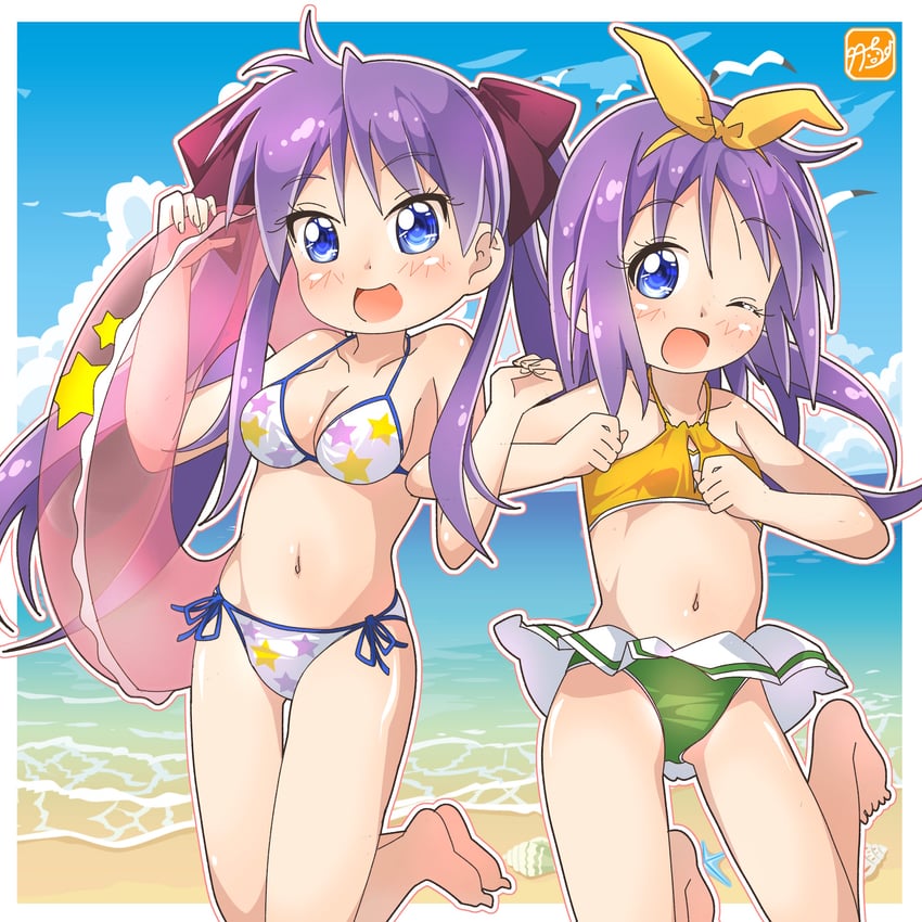 hiiragi kagami and hiiragi tsukasa (lucky star) drawn by takecho