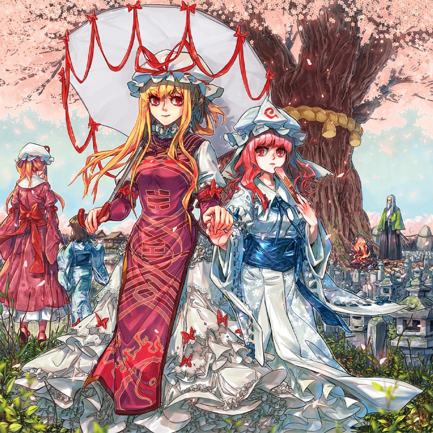 yakumo yukari, saigyouji yuyuko, konpaku youki, and saigyou ayakashi (touhou) drawn by momijigari