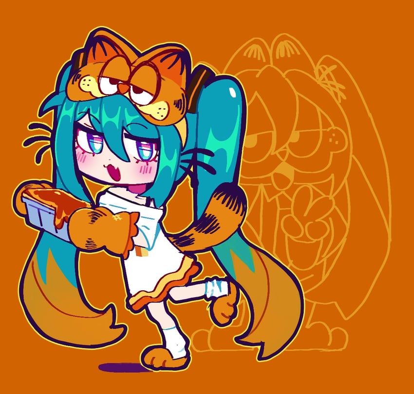 hatsune miku, garfield, and garfield miku (vocaloid and 2 more) drawn by yumeyuk0
