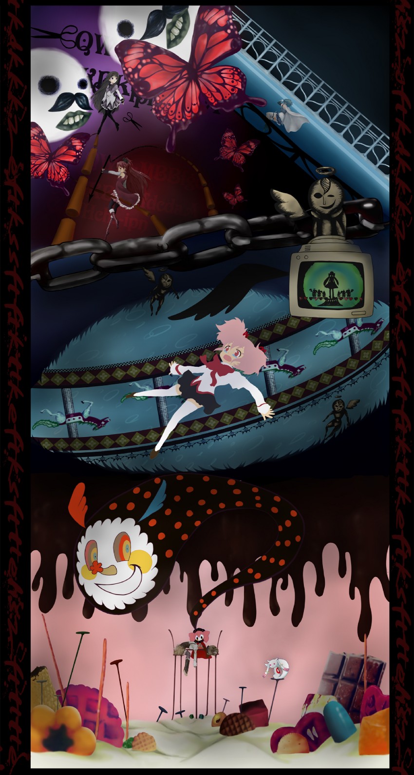 akemi homura, kaname madoka, miki sayaka, sakura kyoko, tomoe mami, and 1 more (mahou shoujo madoka magica) drawn by pepupepa23
