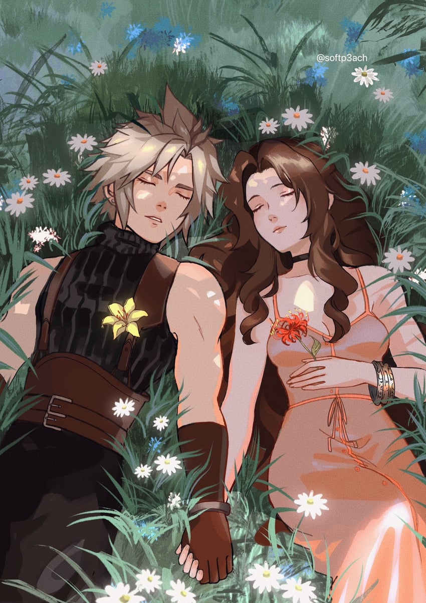 cloud strife and aerith gainsborough (final fantasy and 2 more) drawn by softp3ach
