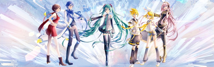 hatsune miku, kagamine rin, kagamine len, megurine luka, kaito, and 1 more (vocaloid) drawn by ixima