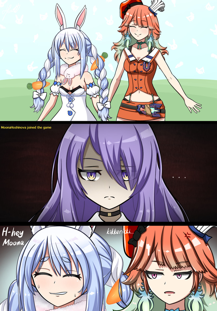 usada pekora, takanashi kiara, and moona hoshinova (hololive and 2 more) drawn by jperrott123