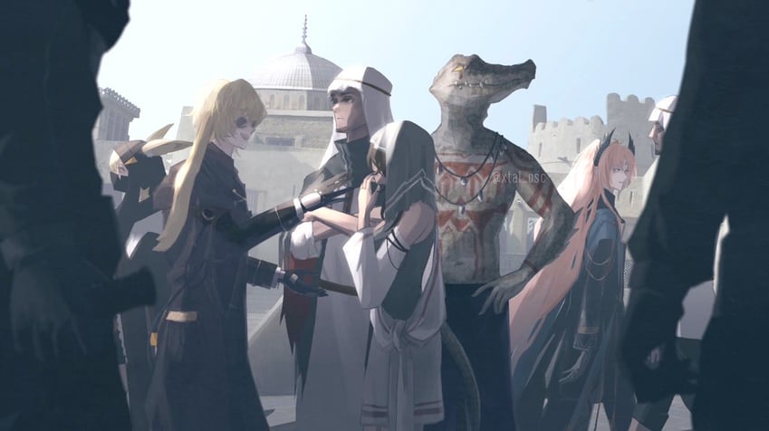 passenger, liaison, and sargon contract assassin (arknights) drawn by xtal