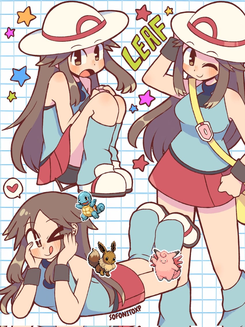 eevee, leaf, squirtle, and clefairy (pokemon and 1 more) drawn by sofo_soup