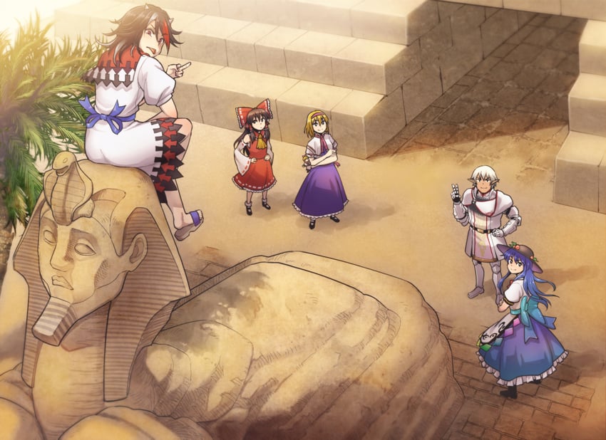hakurei reimu, alice margatroid, hinanawi tenshi, shanghai doll, kijin seija, and 1 more (touhou and 5 more) drawn by chiaki_rakutarou