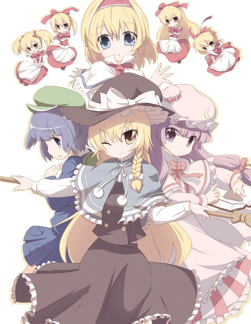 kirisame marisa, alice margatroid, patchouli knowledge, kawashiro nitori, and hourai doll (touhou) drawn by miko_machi