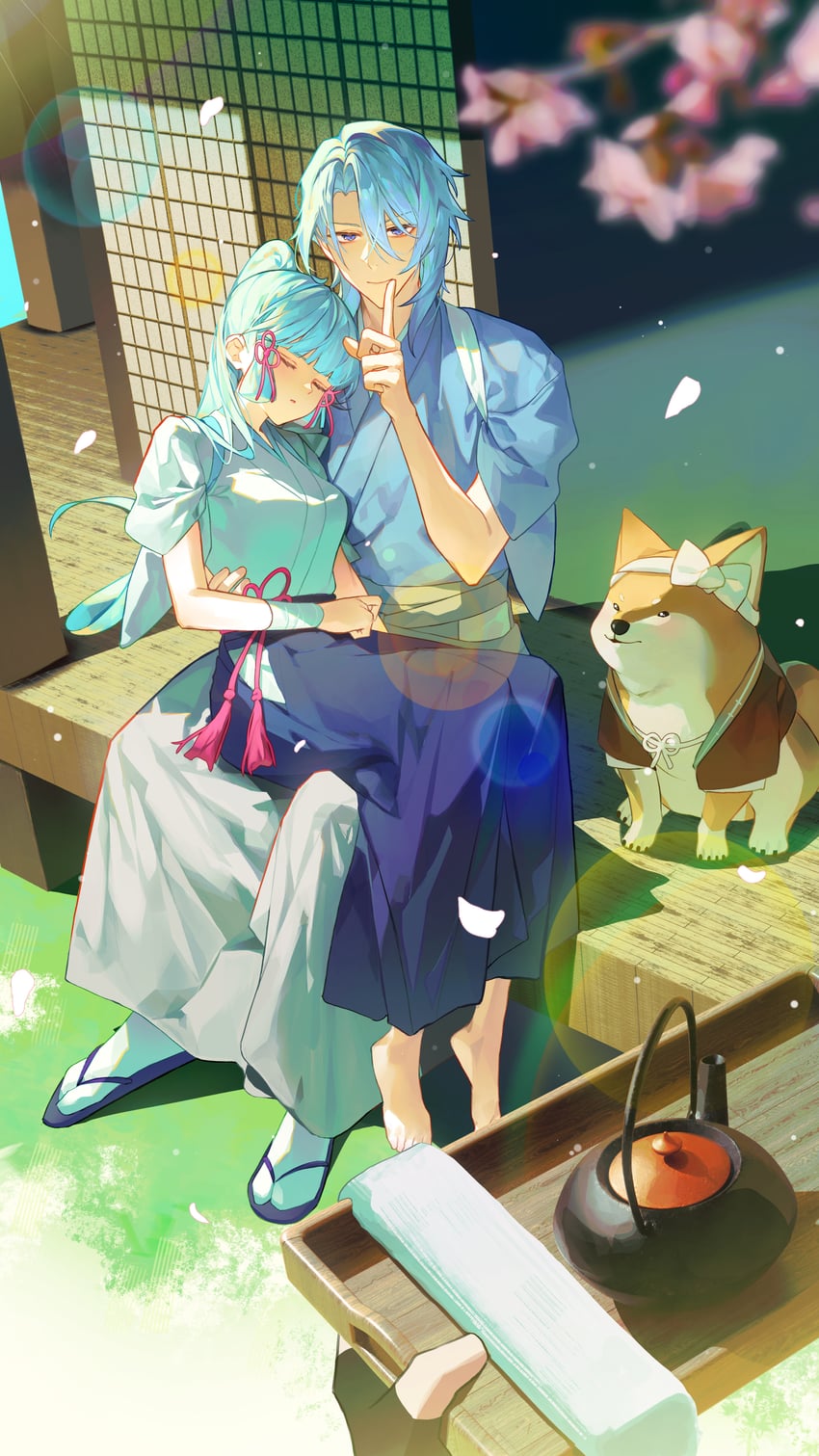 kamisato ayaka, kamisato ayato, and taroumaru (genshin impact) drawn by shotgunman