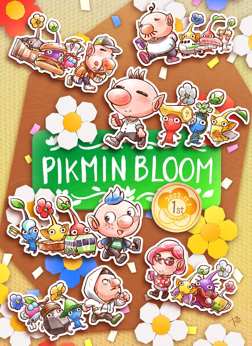 red pikmin, olimar, yellow pikmin, blue pikmin, purple pikmin, and 8 more (pikmin and 1 more) drawn by yamato_koara