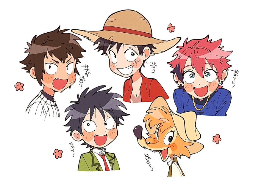 monkey d. luffy, br'er fox, nanao taichi, todoroki raichi, and yoshio yoshida (one piece and 4 more) drawn by uochandayo