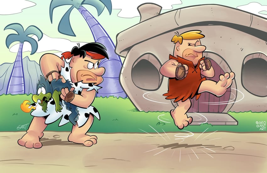 ryu, ken masters, fred flintstone, and barney rubble (street fighter and 1 more) drawn by george_gant
