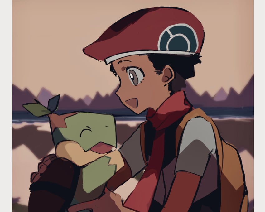 lucas and turtwig (pokemon and 1 more) drawn by shichibee_(stm_mimi)