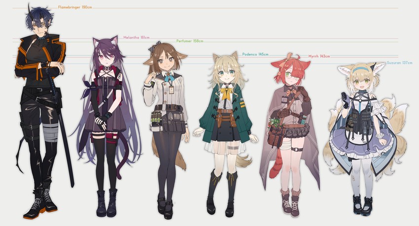 suzuran, perfumer, flamebringer, melantha, podenco, and 1 more (arknights) drawn by ji_mag_(artist)