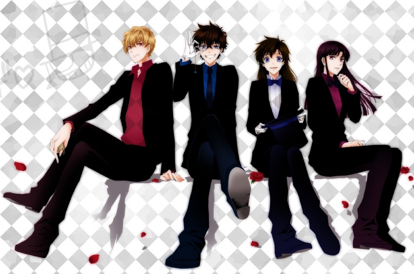 kuroba kaito, nakamori aoko, hakuba saguru, and koizumi akako (meitantei conan and 1 more) drawn by sagari24