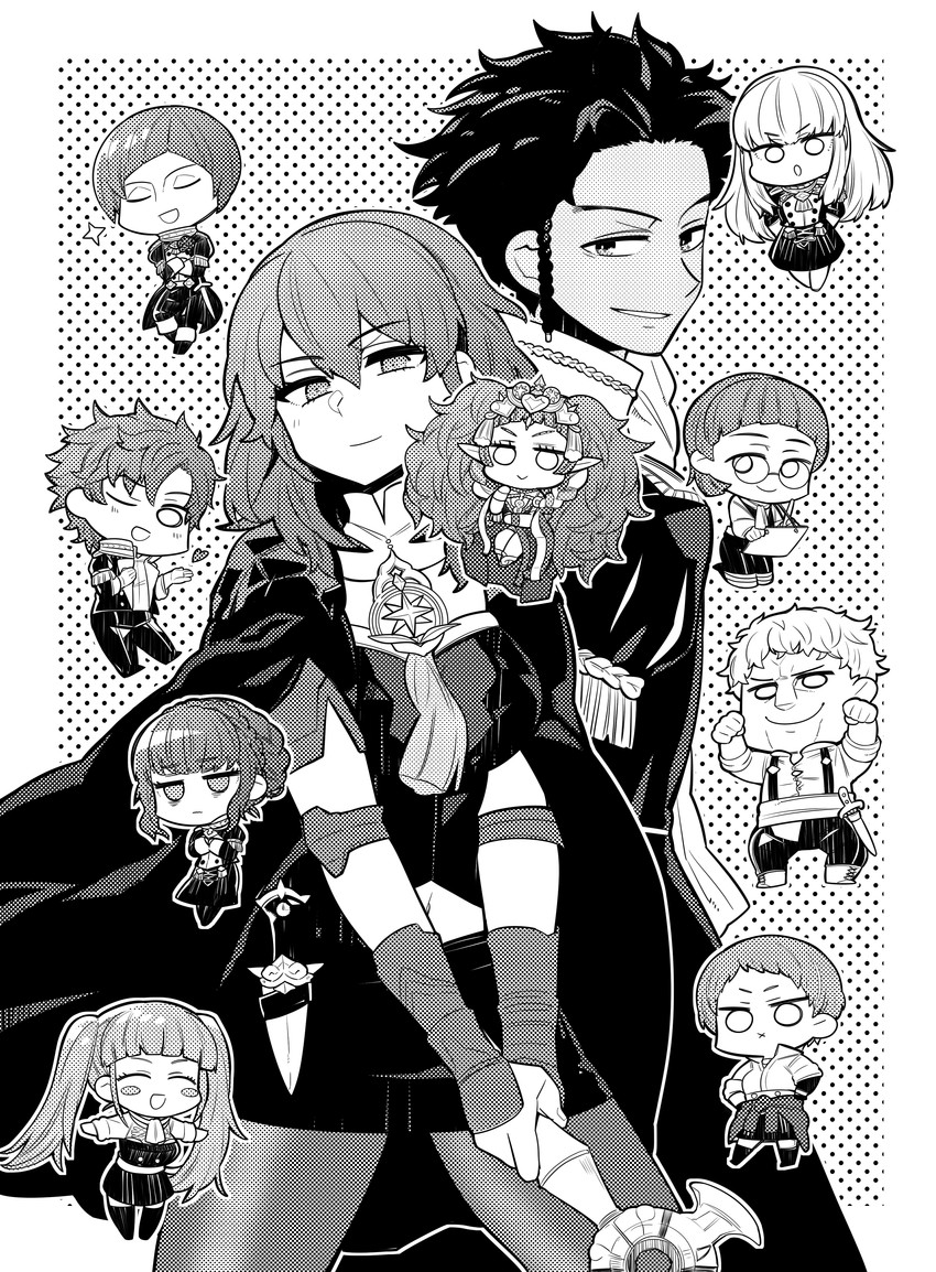 female byleth, hilda valentine goneril, lysithea von ordelia, marianne von edmund, claude von riegan, and 6 more (fire emblem and 1 more) drawn by higaragi