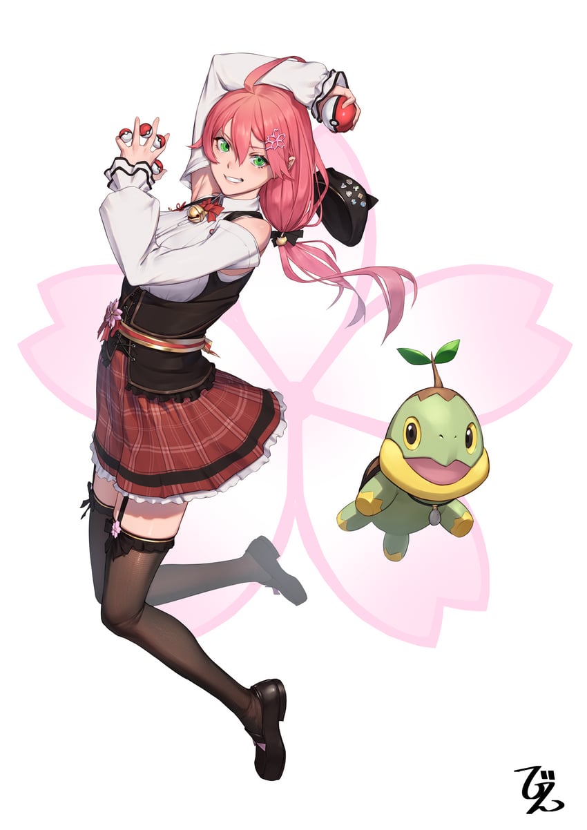 sakura miko and turtwig (pokemon and 2 more) drawn by beeeeen