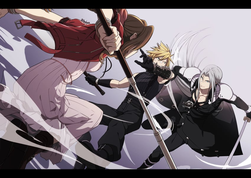 cloud strife, aerith gainsborough, and sephiroth (final fantasy and 3 more) drawn by igusaharu
