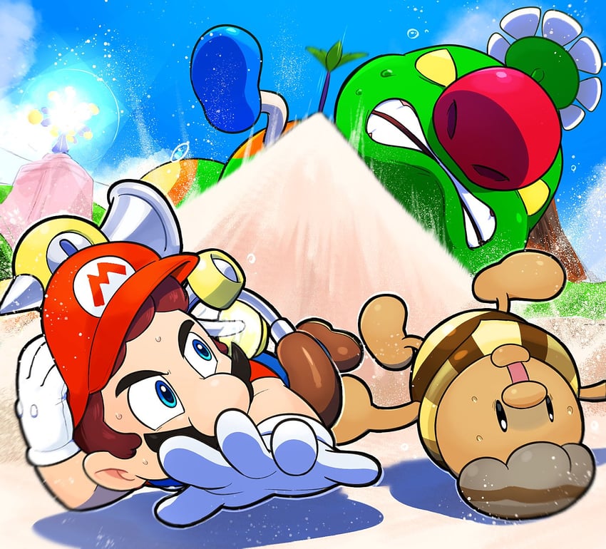 mario, f.l.u.d.d., wiggler, and noki (mario and 1 more) drawn by hoshi_(star-name2000)