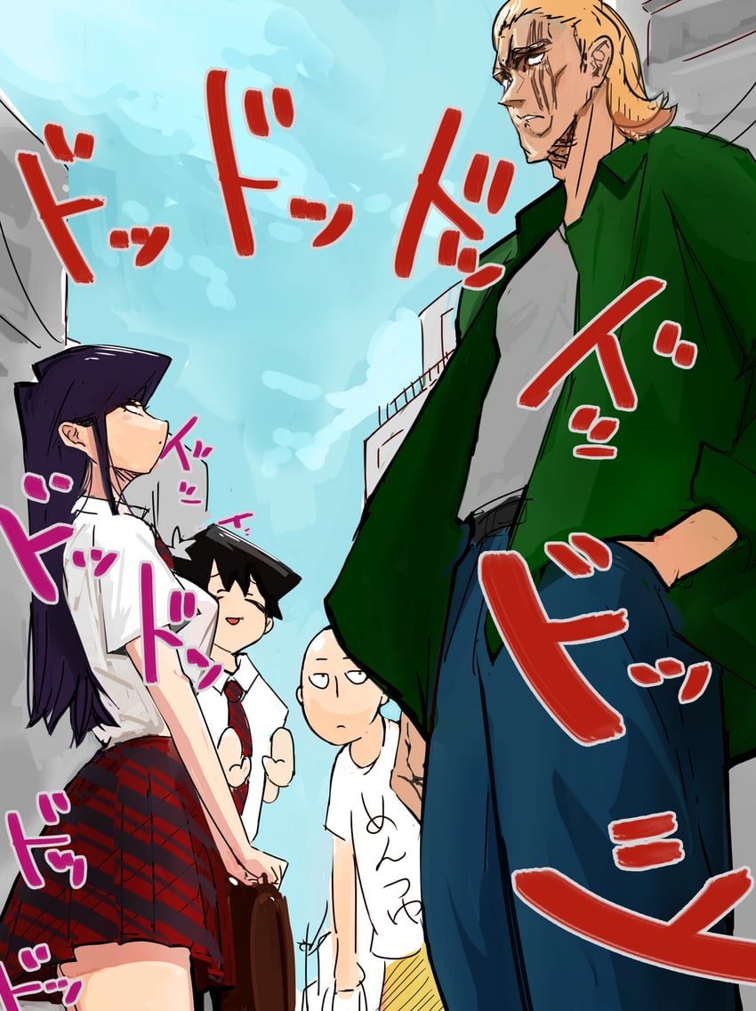 komi shouko, saitama, tadano hitohito, and king (one-punch man and 1 more) drawn by higemu