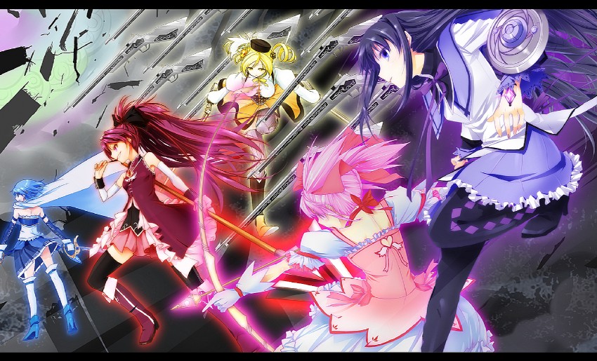 akemi homura, kaname madoka, miki sayaka, sakura kyoko, and tomoe mami (mahou shoujo madoka magica) drawn by kyougoku_touya