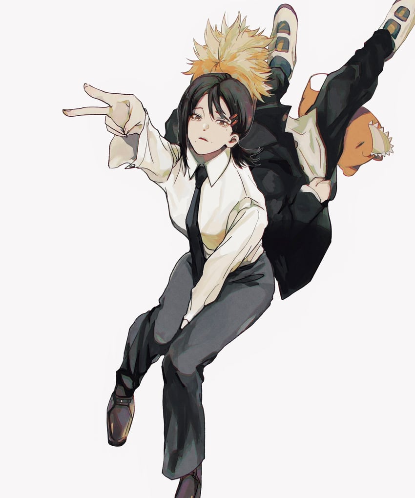 denji, higashiyama kobeni, and pochita (chainsaw man) drawn by sensui_n
