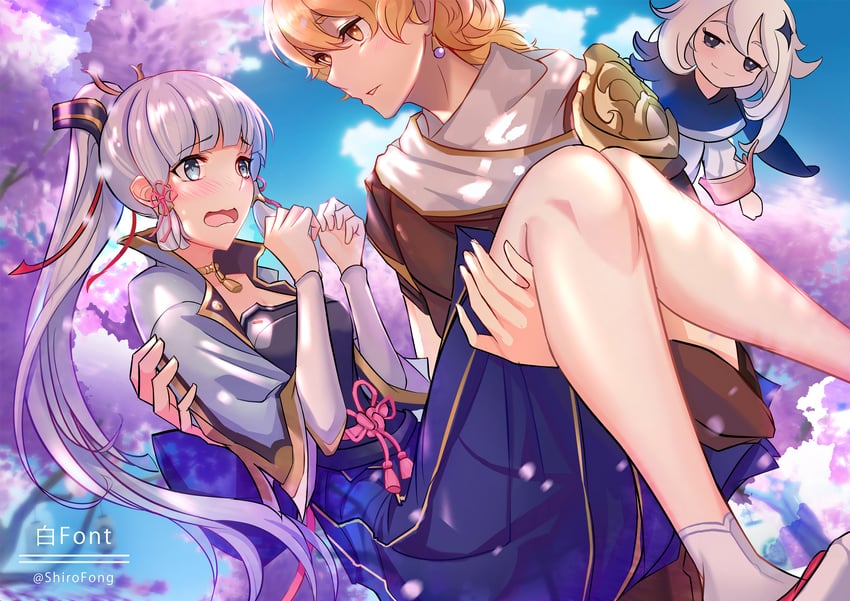 aether, paimon, and kamisato ayaka (genshin impact) drawn by shiro_font
