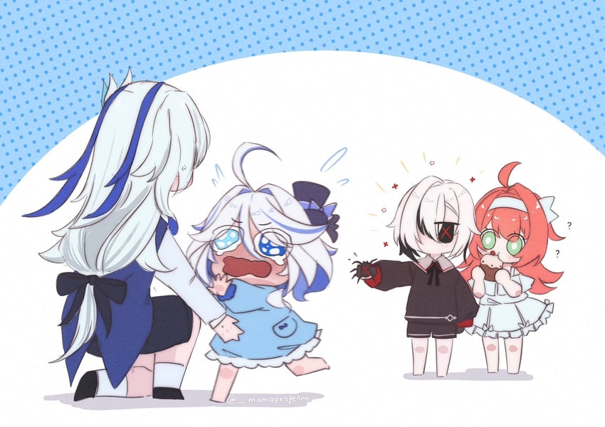 furina, arlecchino, neuvillette, clervie, and peruere (genshin impact) drawn by mamaprofennn