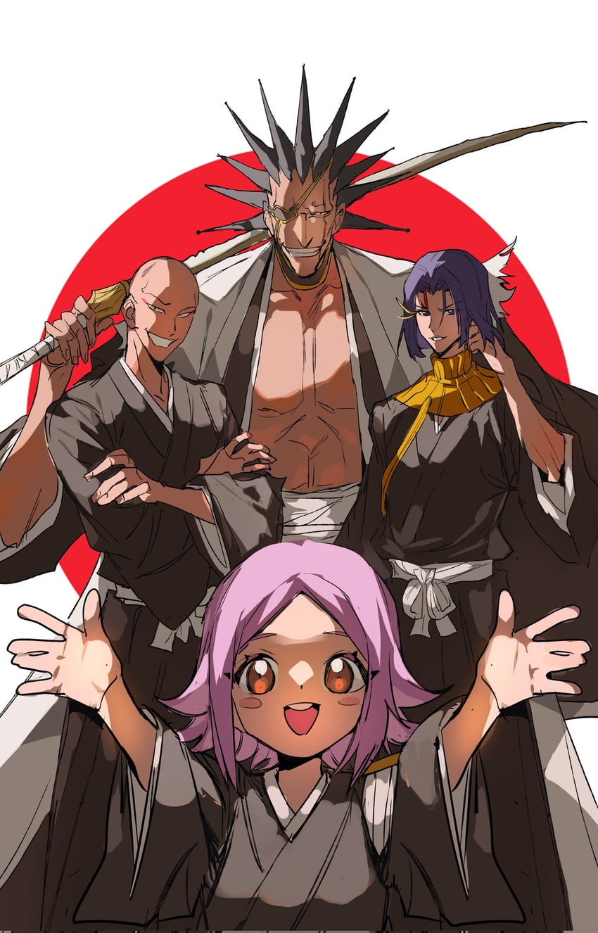 zaraki kenpachi, kusajishi yachiru, madarame ikkaku, and ayasegawa yumichika (bleach) drawn by xi_luo_an_ya