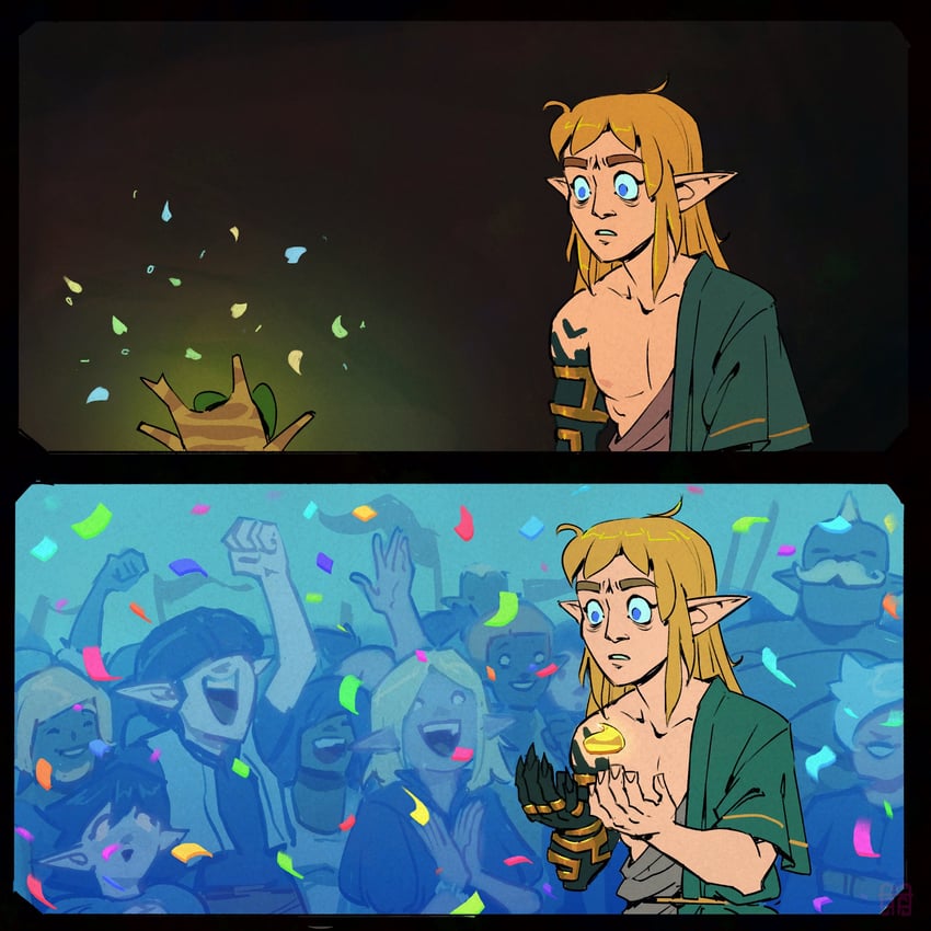 link and korok (the legend of zelda and 1 more) drawn by frongfriend