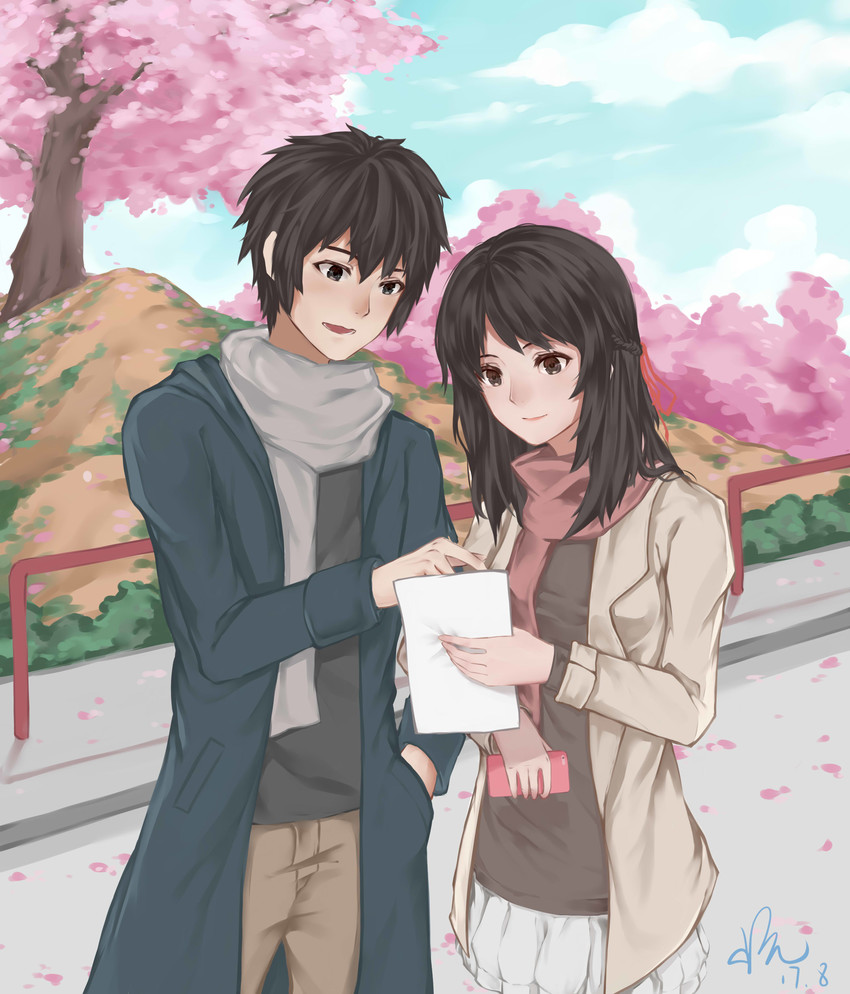 miyamizu mitsuha and tachibana taki (kimi no na wa.) drawn by linking_(linkingpainting)