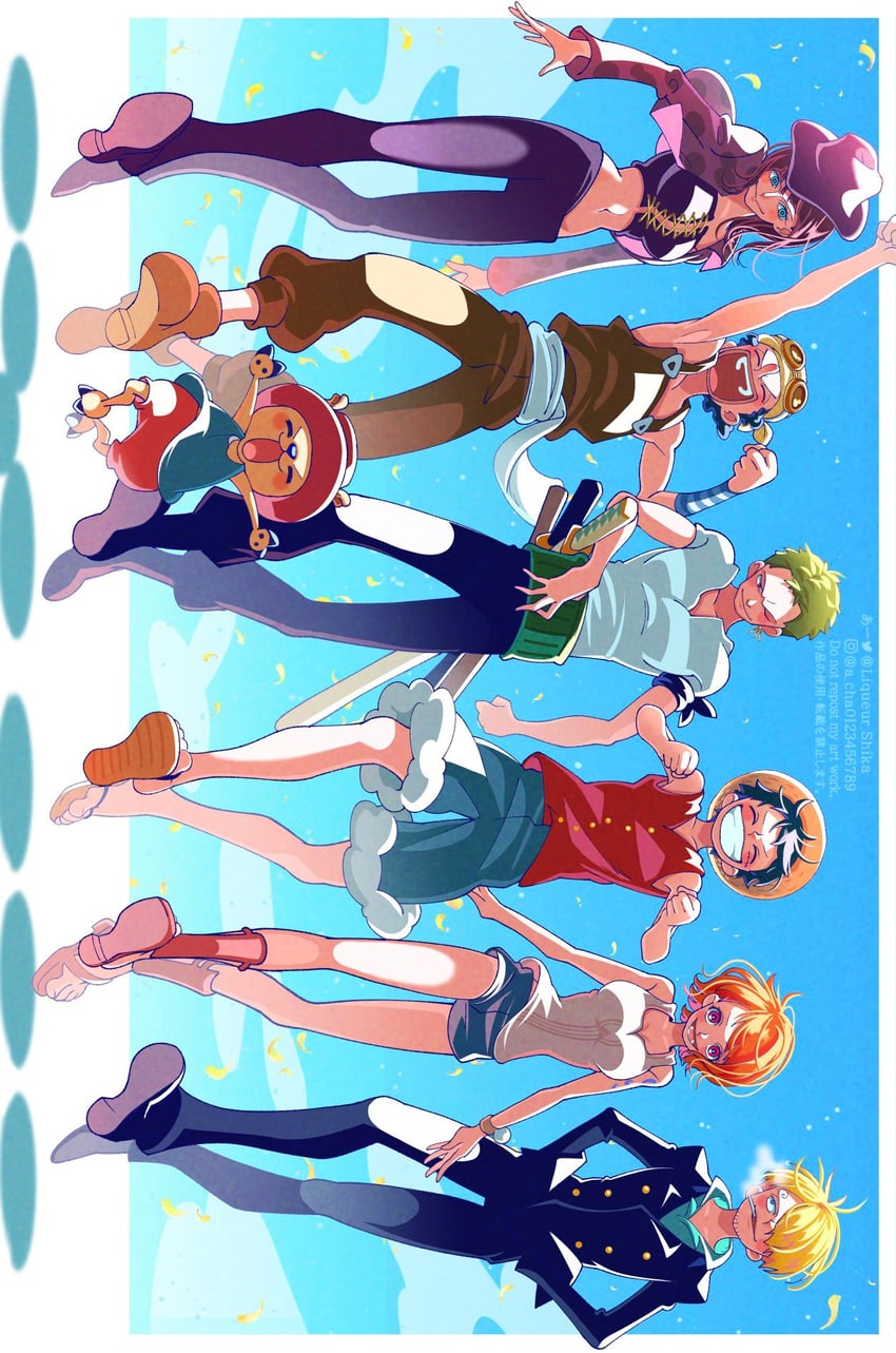 nami, monkey d. luffy, nico robin, roronoa zoro, sanji, and 2 more (one piece) drawn by liqueur_shika