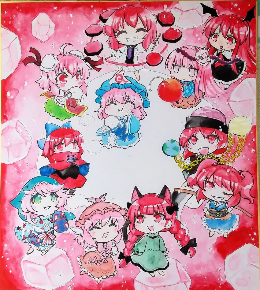 saigyouji yuyuko, kaenbyou rin, mystia lorelei, koakuma, onozuka komachi, and 6 more (touhou) drawn by kibou_(73433)