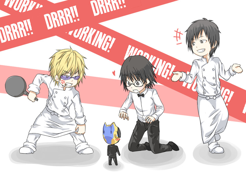 orihara izaya, heiwajima shizuo, celty sturluson, kishitani shinra, kamiya hiroshi, and 2 more (working!! and 1 more) drawn by t0m0