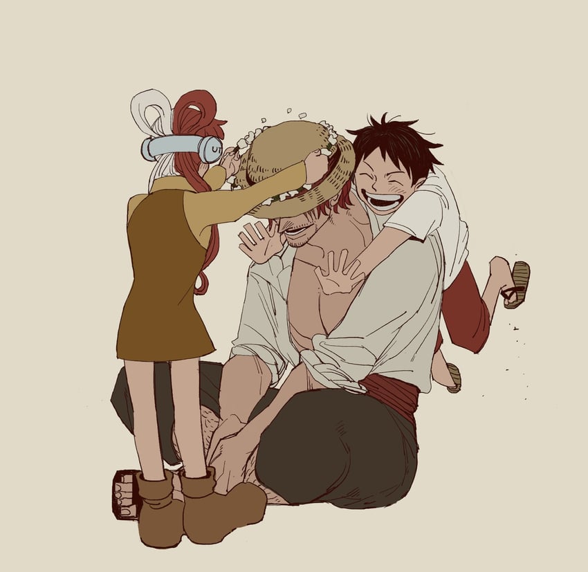 monkey d. luffy, uta, and shanks (one piece and 1 more) drawn by pojinoki