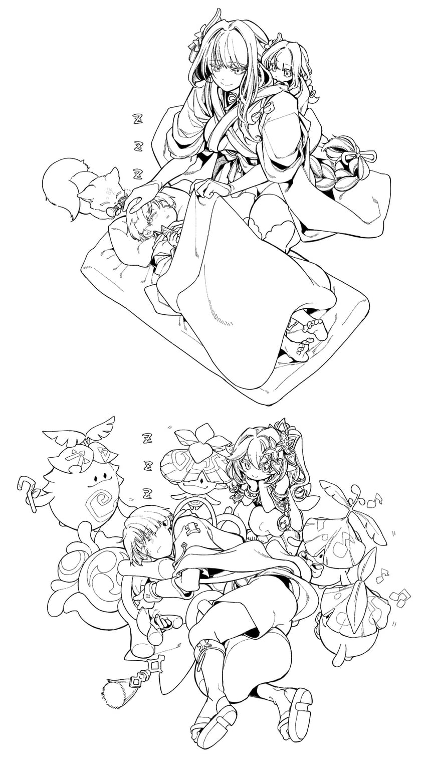 raiden shogun, scaramouche, yae miko, nahida, wanderer, and 1 more (genshin impact) drawn by oriiiiiiiiiiii