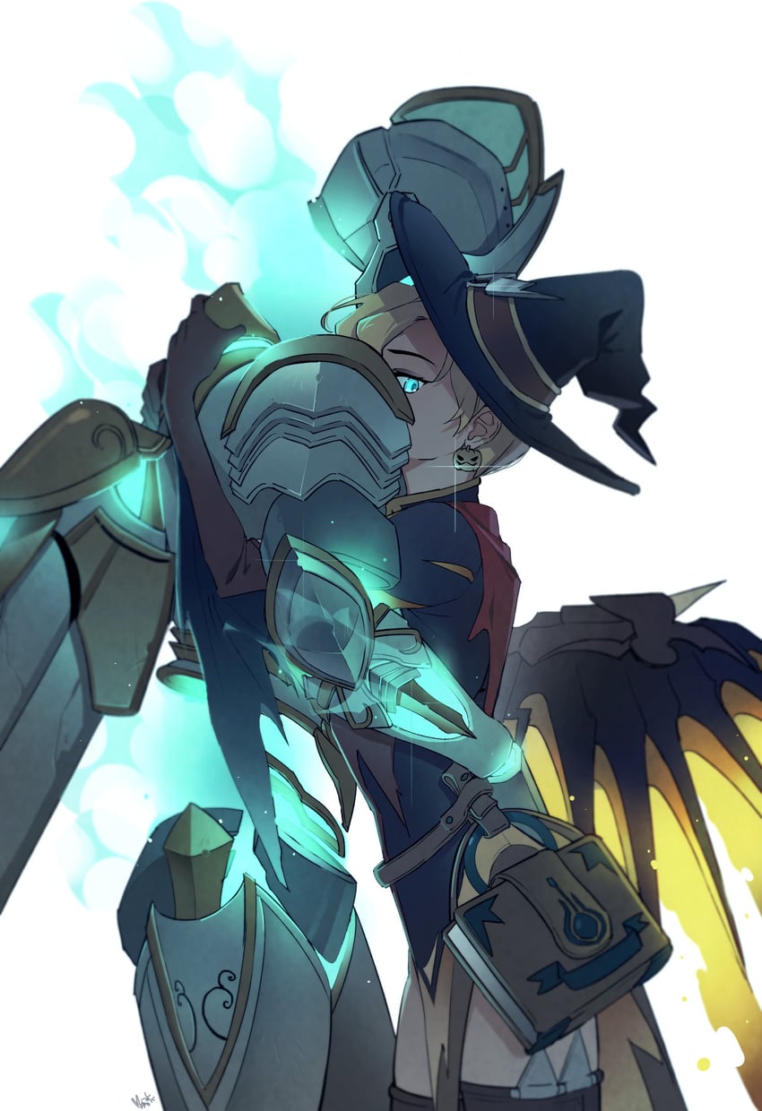 mercy, pharah, witch mercy, and enchanted armor pharah (overwatch and 1 more) drawn by maro_(lij512)