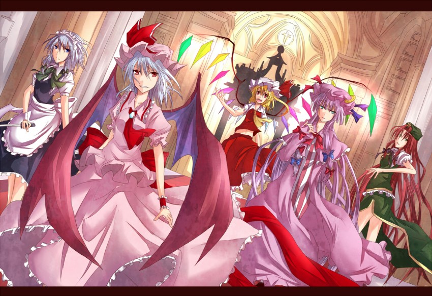 remilia scarlet, flandre scarlet, izayoi sakuya, patchouli knowledge, and hong meiling (touhou) drawn by ram_hachimin