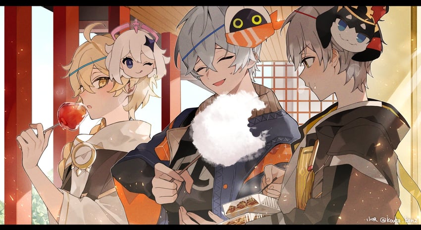 trailblazer, aether, paimon, caelus, wise, and 2 more (genshin impact and 4 more) drawn by kouta_(pixiv14981568)