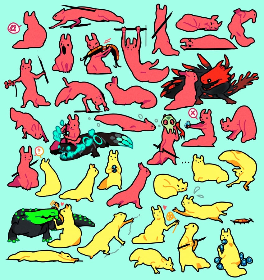 hunter, monk, green lizard, red lizard, and cyan lizard (rain world) drawn by kipkune