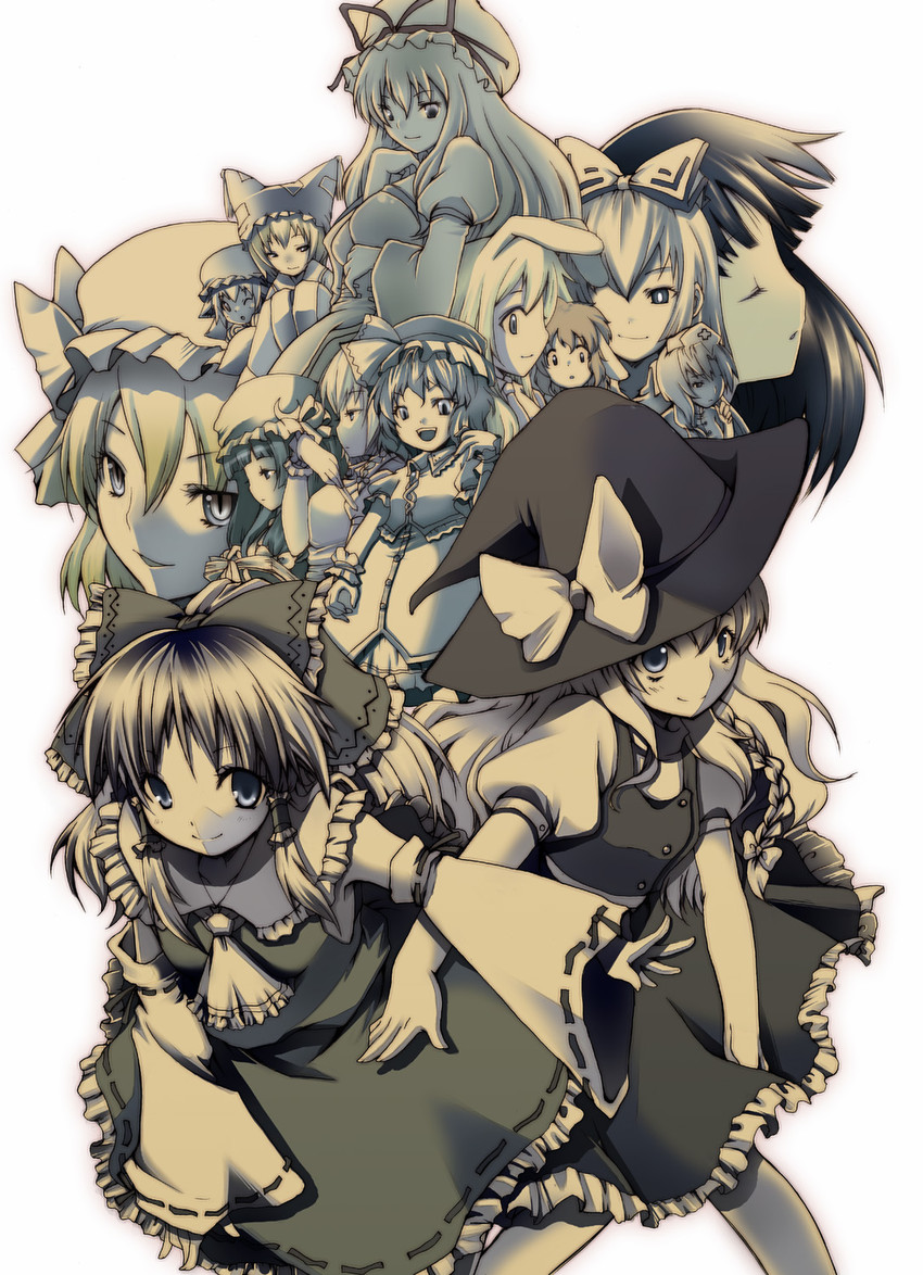 hakurei reimu, kirisame marisa, remilia scarlet, flandre scarlet, izayoi sakuya, and 9 more (touhou) drawn by fujisaki_hikari