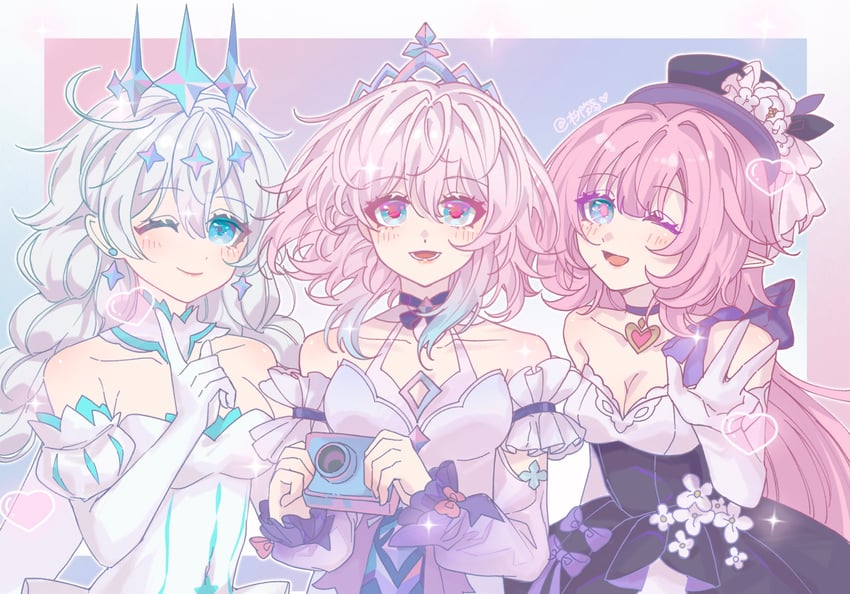 elysia, kiana kaslana, and march 7th (honkai and 2 more) drawn by rainbowsugarflower