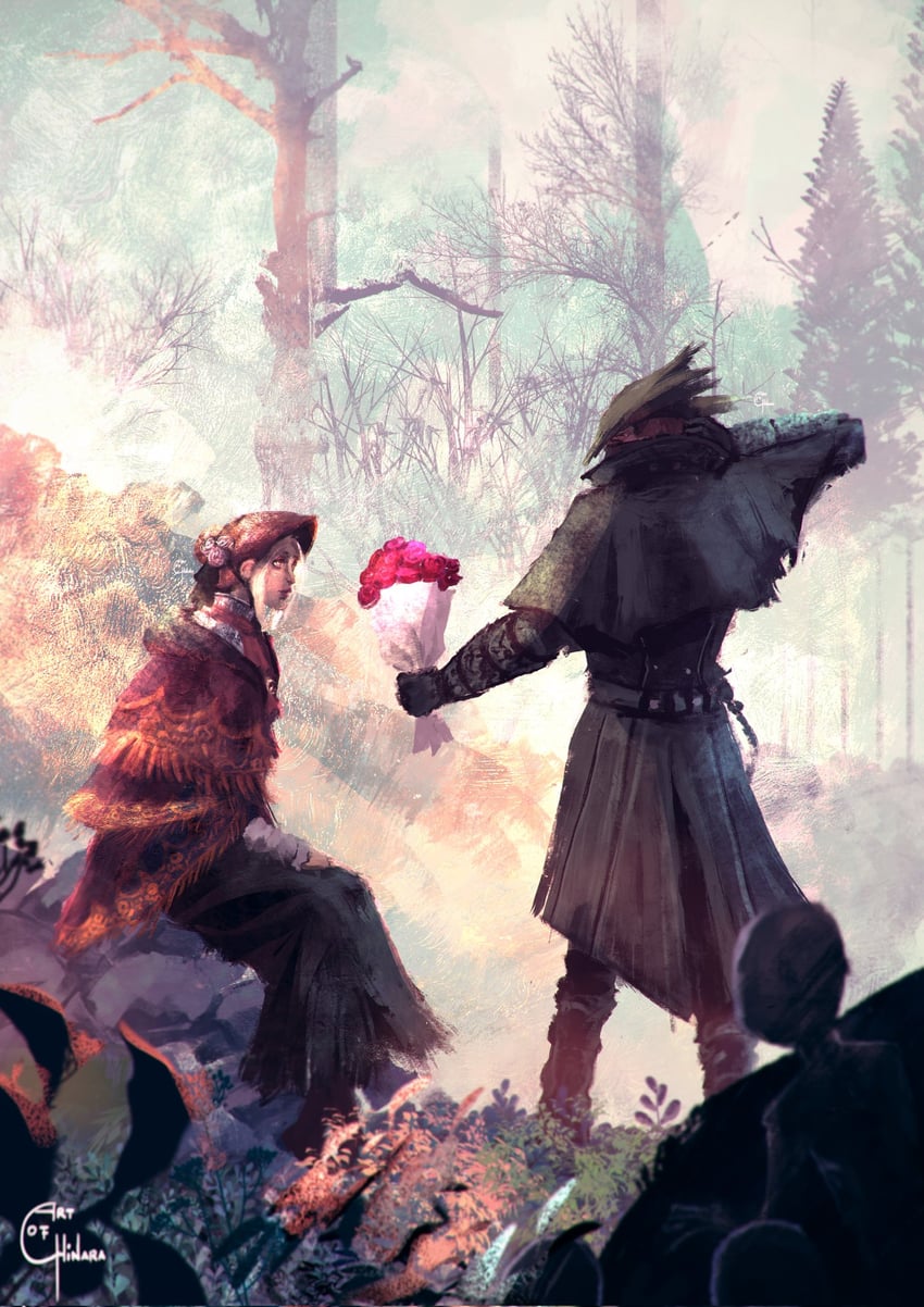 hunter, plain doll, and messengers (bloodborne) drawn by artofchinara