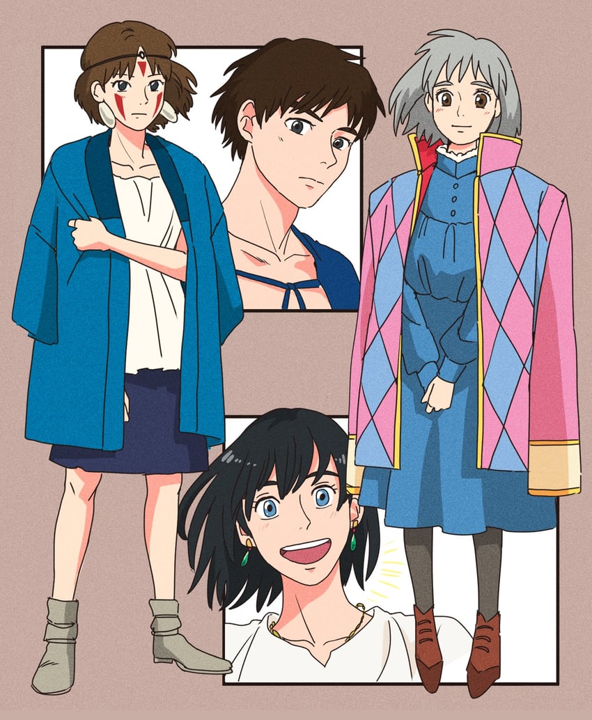 san, howl pendragon, sophie hatter, and ashitaka (studio ghibli and 2 more) drawn by rikaco1988